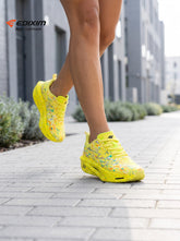 EDIXIM Bright Yellow Multicolor Paint Splash Women Road Running Sneakers Ultra-Light Breathable Mesh 5.0 Thick Shock Absorbing Wedge Cushion Athletic Trainers for City Street Jogging Marathon Daily Workout