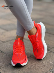 EDIXIM Bright Red Gradient Mesh Women Road Running Sneakers Ultra-Light Breathable Knit Thick White Wedge Shock Absorbing Cushion Athletic Trainers for City High-Rise Jogging Marathon Daily Fitness
