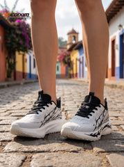 EDIXIM White Black Abstract Ink Print Women Road Running Sneakers Ultra-Light Breathable Mesh Thick Shock Absorbing Cushion Athletic Trainers for Latin Colonial Town Jogging Marathon Daily Workout