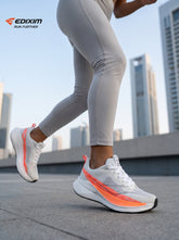 EDIXIM White Bright Orange Geometric Mesh Women Road Running Sneakers Ultra-Light Breathable Knit Thick White Wedge Shock Absorbing Cushion Athletic Trainers for Urban High-Rise Jogging Marathon Daily Fitness
