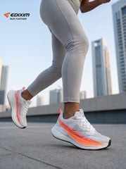 EDIXIM White Bright Orange Geometric Mesh Women Road Running Sneakers Ultra-Light Breathable Knit Thick White Wedge Shock Absorbing Cushion Athletic Trainers for Urban High-Rise Jogging Marathon Daily Fitness