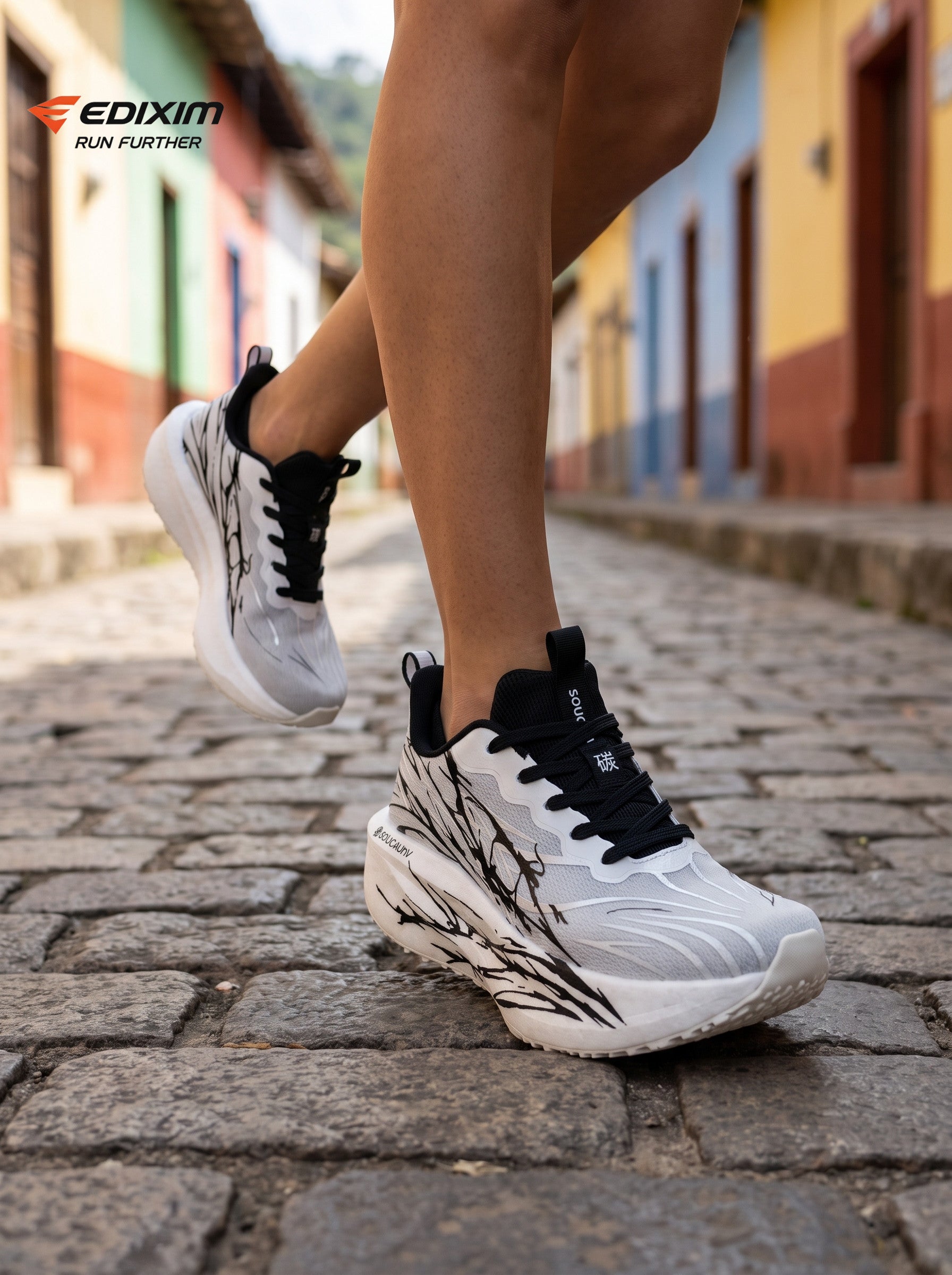 EDIXIM White Black Abstract Ink Print Women Road Running Sneakers Ultra-Light Breathable Mesh Thick Shock Absorbing Cushion Athletic Trainers for Latin Colonial Town Jogging Marathon Daily Workout