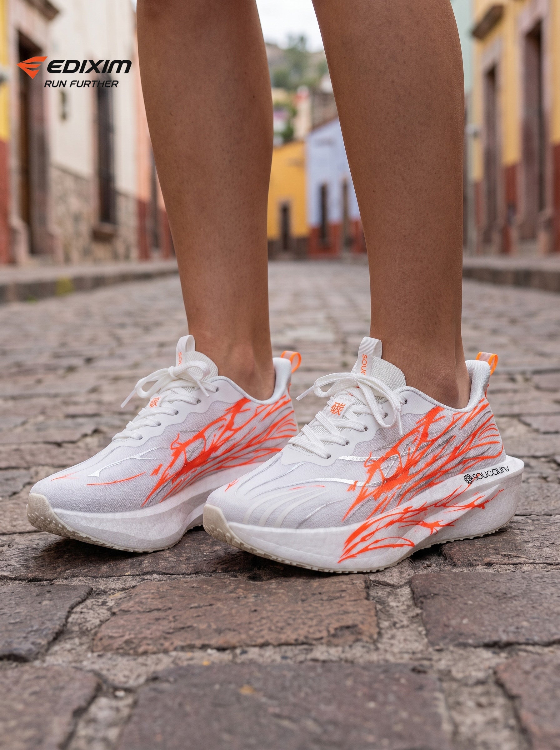 EDIXIM White Orange Abstract Print Women Road Running Sneakers Lightweight Breathable Mesh Thick Cushion Shock Absorbing Athletic Trainers for Latin Colonial Town Street Jogging Marathon Daily Workout