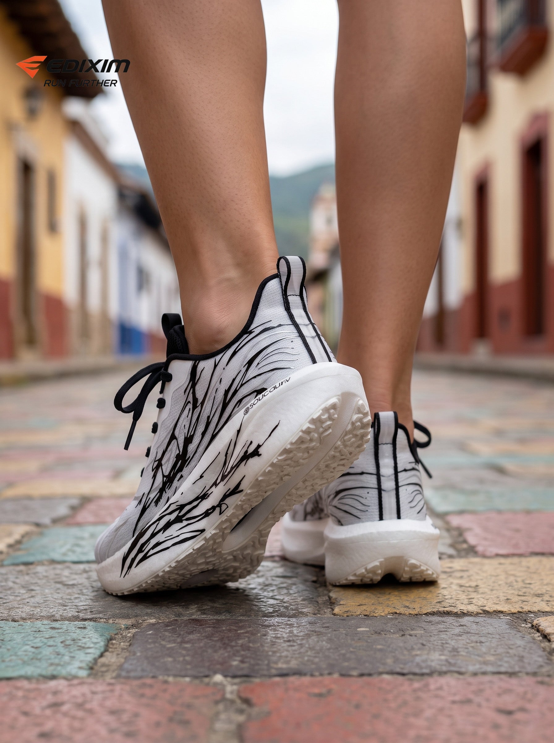 EDIXIM White Black Abstract Ink Print Women Road Running Sneakers Ultra-Light Breathable Mesh Thick Shock Absorbing Cushion Athletic Trainers for Latin Colonial Town Jogging Marathon Daily Workout