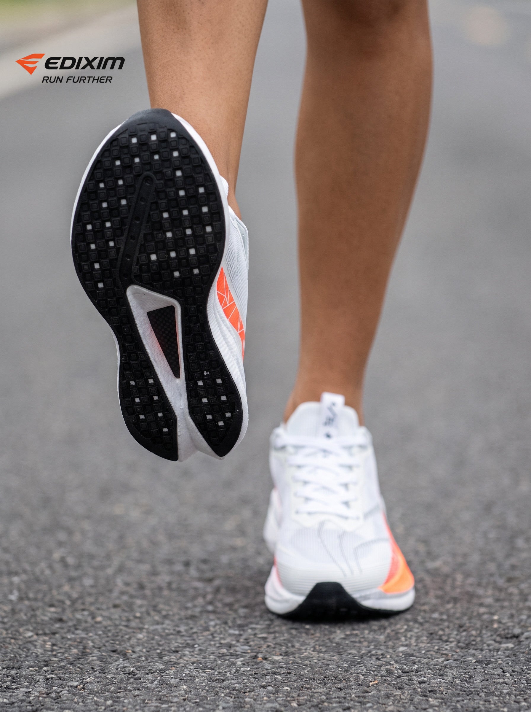 EDIXIM White Bright Orange Geometric Mesh Women Road Running Sneakers Ultra-Light Breathable Knit Thick White Wedge Shock Absorbing Cushion Athletic Trainers for Urban High-Rise Jogging Marathon Daily Fitness