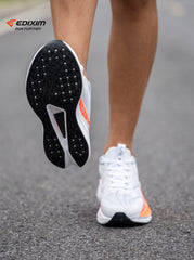 EDIXIM White Bright Orange Geometric Mesh Women Road Running Sneakers Ultra-Light Breathable Knit Thick White Wedge Shock Absorbing Cushion Athletic Trainers for Urban High-Rise Jogging Marathon Daily Fitness