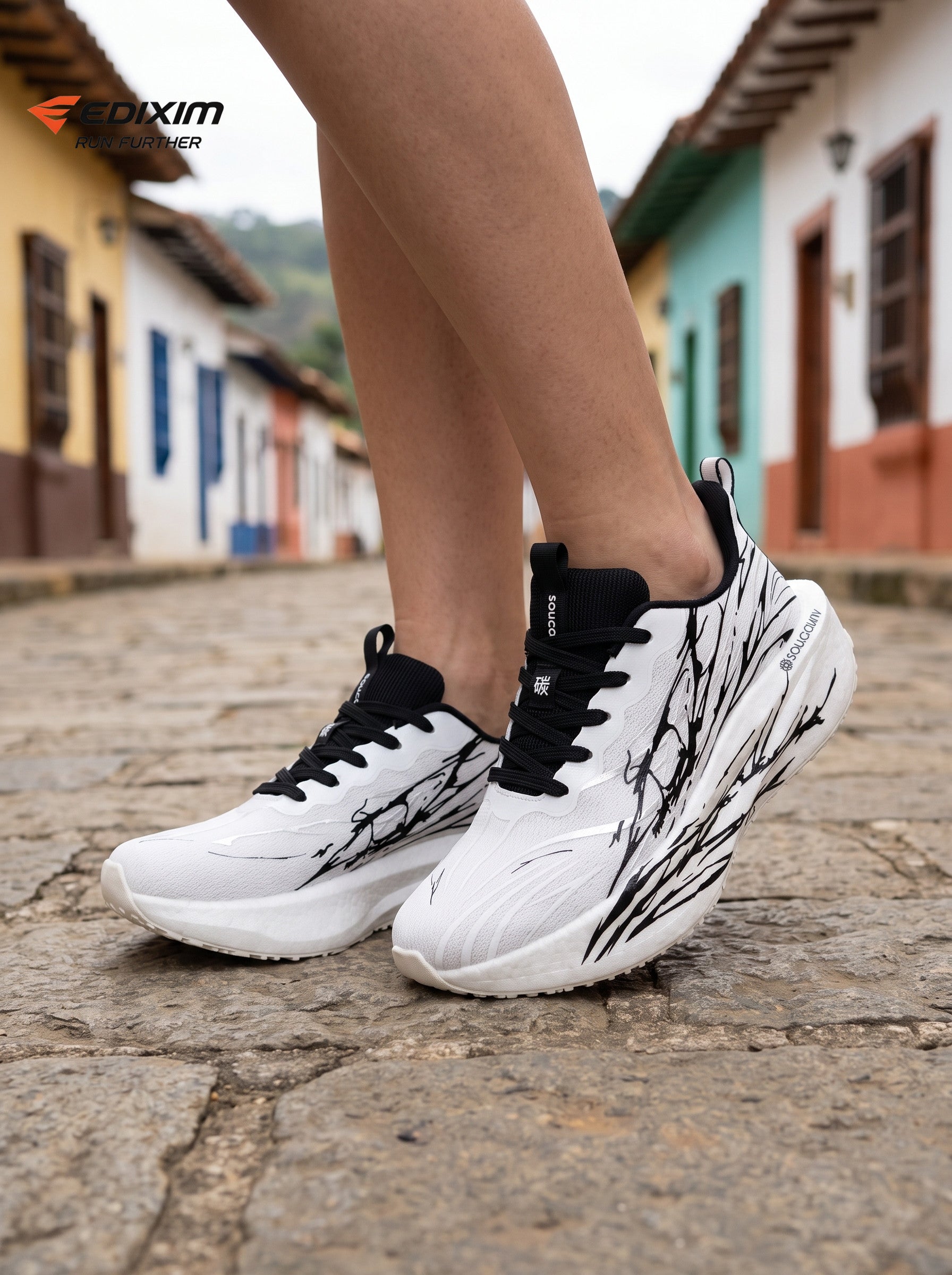 EDIXIM White Black Abstract Ink Print Women Road Running Sneakers Ultra-Light Breathable Mesh Thick Shock Absorbing Cushion Athletic Trainers for Latin Colonial Town Jogging Marathon Daily Workout