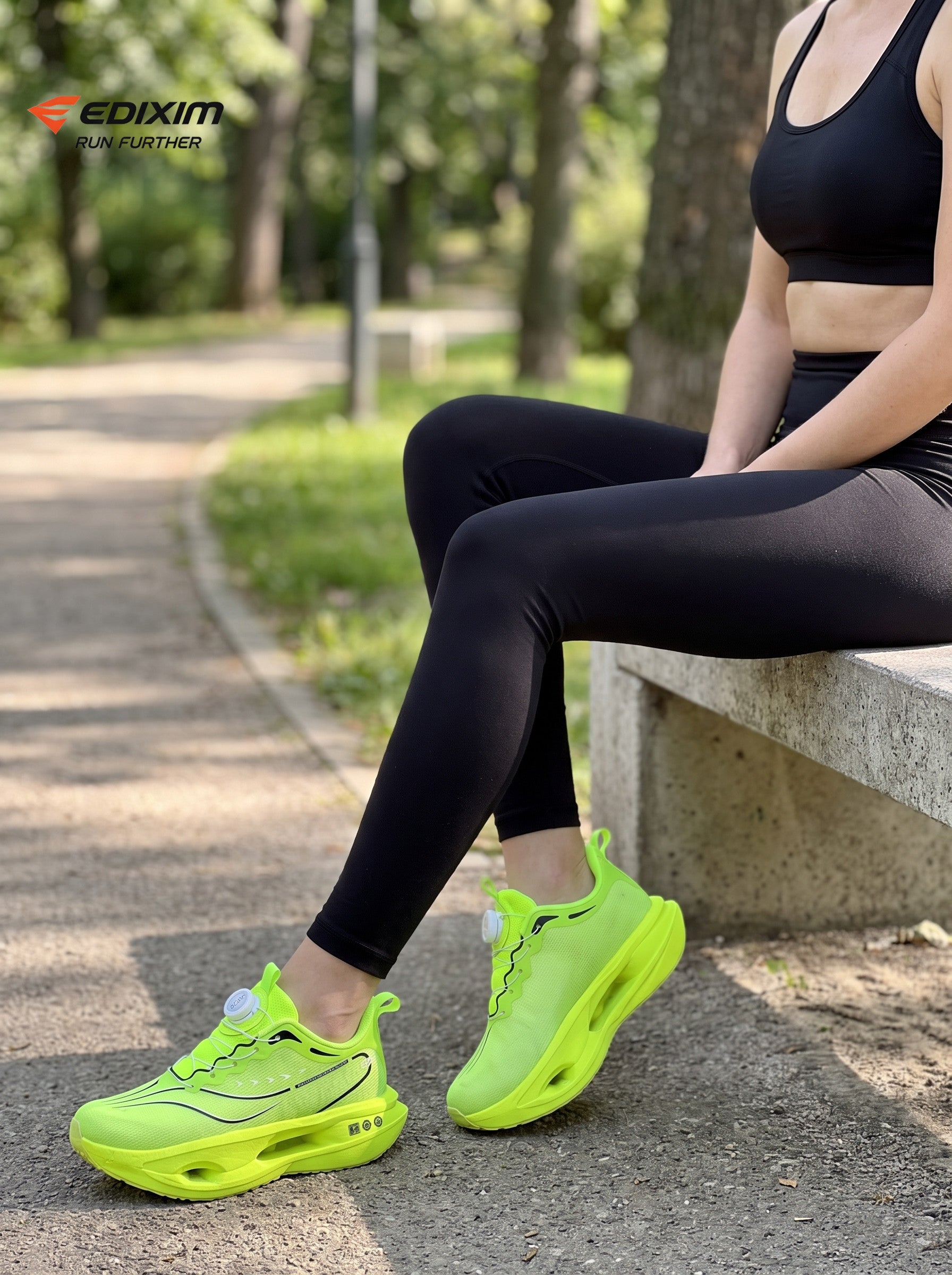 EDIXIM Full Fluorescent Neon Green BOA Twist Lock Women Running Sneakers Hollow Thick Cushion Shock Absorbing Athletic Trainers for Marathon Gym Jogging Yoga Daily Workout Run Further