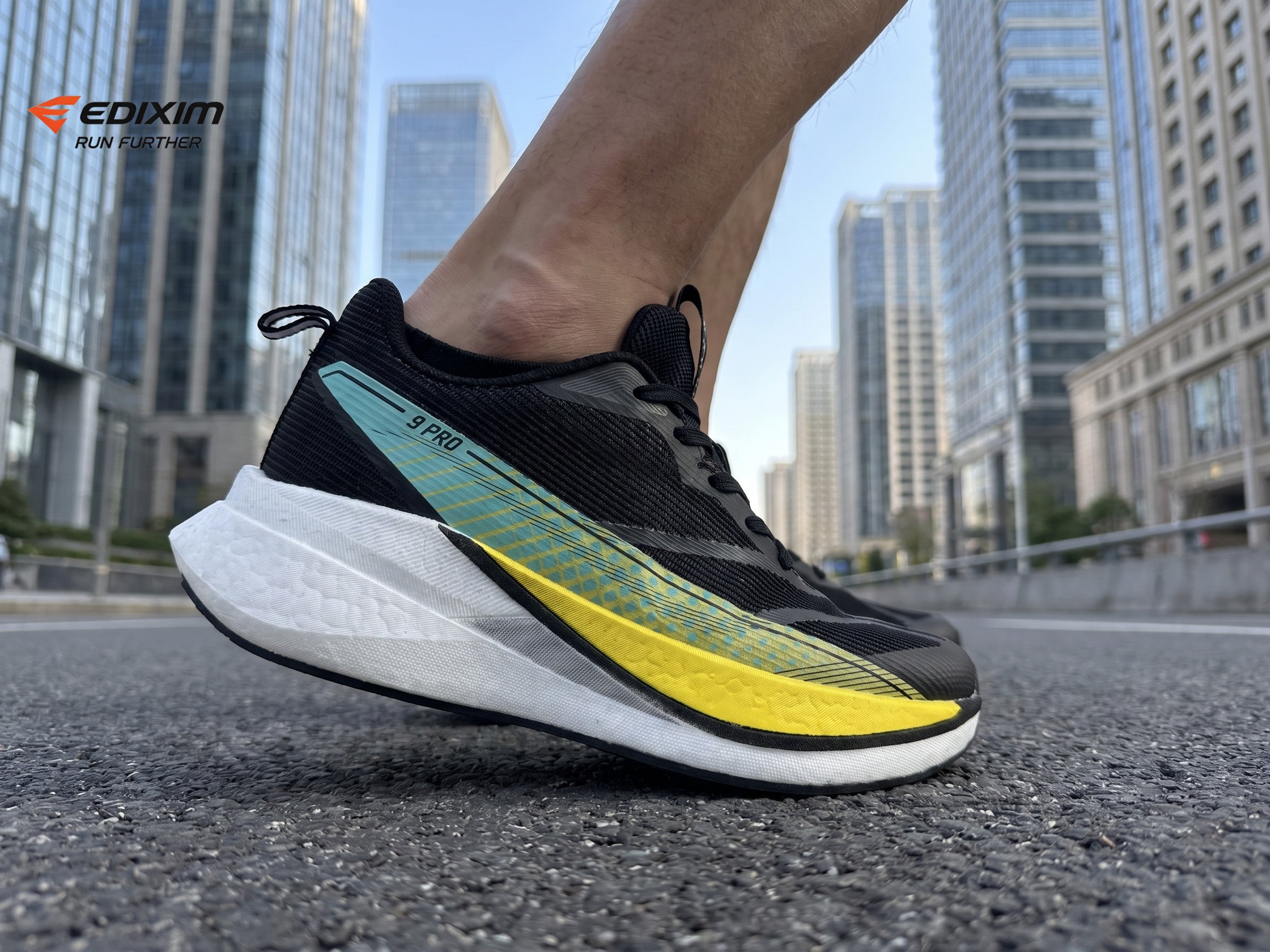 EDIXIM 9 PRO Black Cyan Yellow Gradient Men Road Running Sneakers Ultra-Light Breathable Mesh Thick White High Rebound Midsole Anti-Slip Athletic Trainers for City Street Marathon Training Daily Jogging