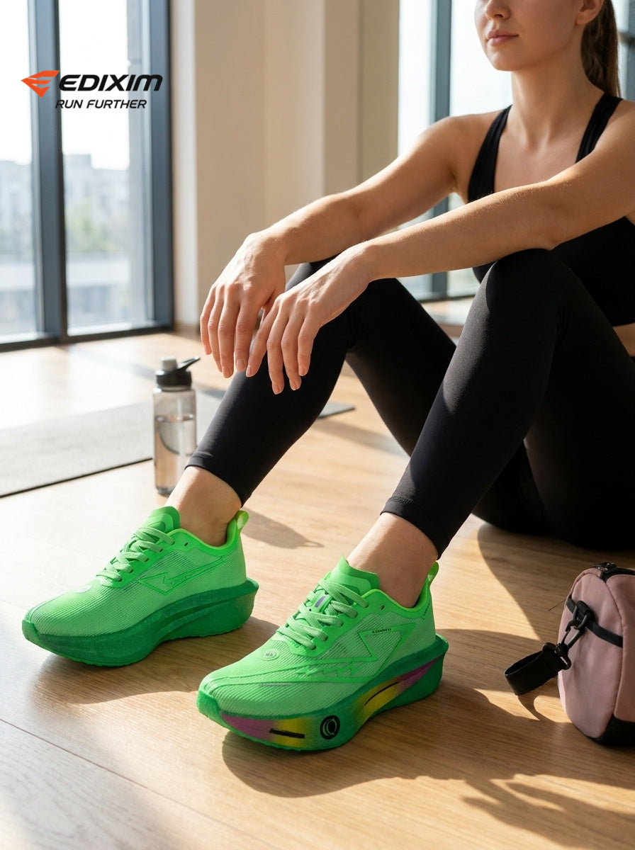 EDIXIM Full Fluorescent Green BOA Twist Lock Women Running Sneakers Hollow Thick Cushion Shock Absorbing Athletic Trainers for Marathon Night Jogging Gym Yoga Daily Workout Run Further