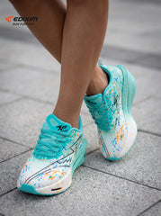 EDIXIM Cyan White Gradient Multicolor Paint Splatter Women Road Running Sneakers Ultra-Light Breathable Mesh 5.0 Shock Absorbing Wedge Cushion Athletic Trainers for City Urban Jogging Marathon Daily Workout