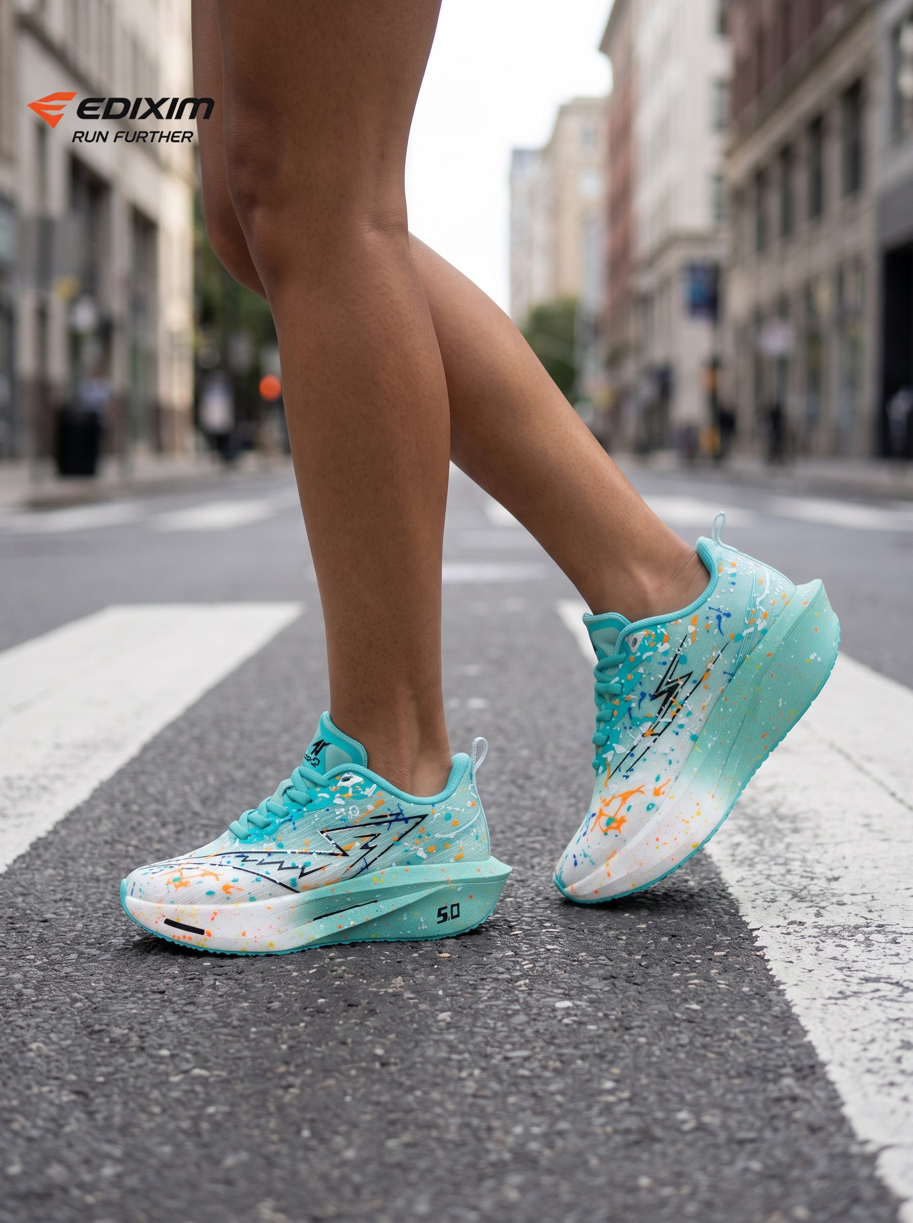 EDIXIM Cyan White Gradient Multicolor Paint Splatter Women Road Running Sneakers Ultra-Light Breathable Mesh 5.0 Shock Absorbing Wedge Cushion Athletic Trainers for City Urban Jogging Marathon Daily Workout