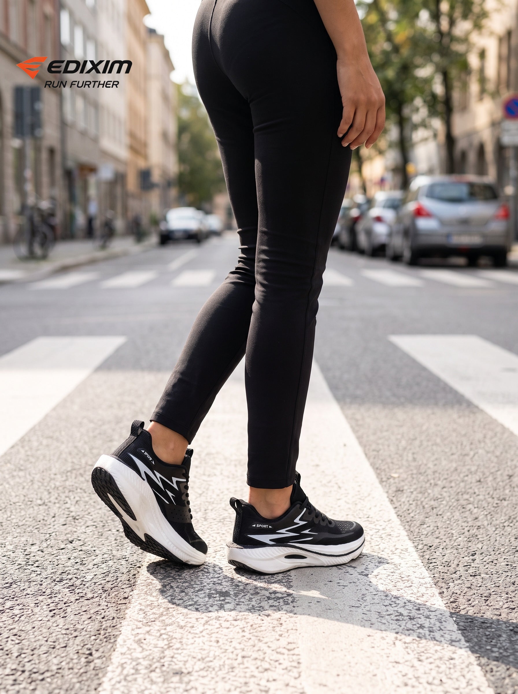 EDIXIM Black White Hollow Cutout Midsole Women Professional Running Sneakers Breathable Perforated Mesh Shock Absorbing Anti-Slip Road Jogging Athletic Trainers