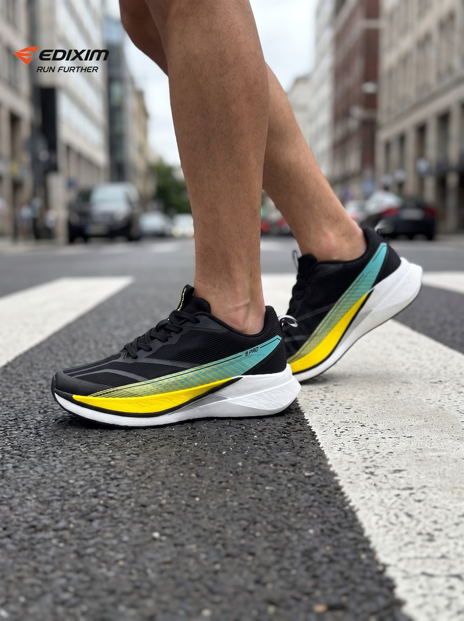 EDIXIM 9 PRO Black Cyan Yellow Gradient Men Road Running Sneakers Ultra-Light Breathable Mesh Thick White High Rebound Midsole Anti-Slip Athletic Trainers for City Street Marathon Training Daily Jogging