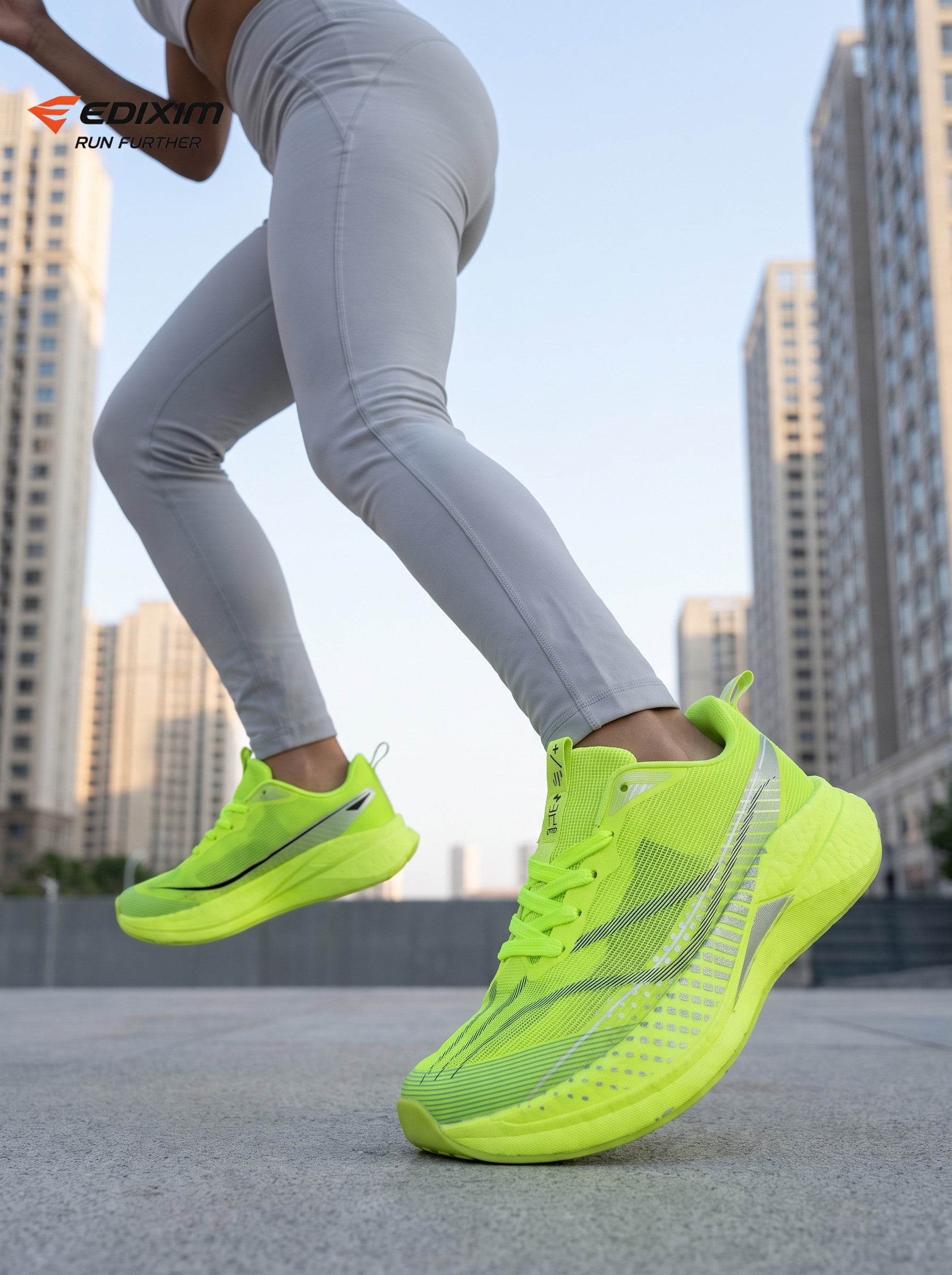 EDIXIM Fluorescent Neon Green Mesh Women Road Running Sneakers Ultra-Light Breathable Knit Full Shock Absorbing Wedge Midsole Anti-Slip Athletic Trainers for City Skyscraper Jogging Marathon Racing Daily Workout