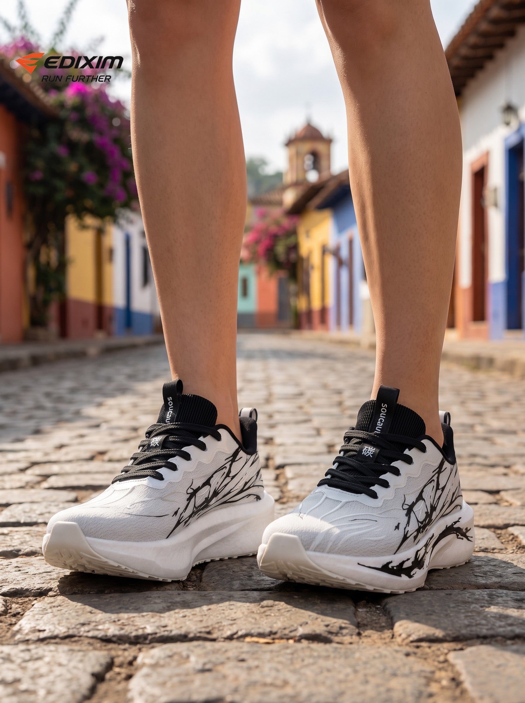 EDIXIM White Black Abstract Ink Print Women Road Running Sneakers Ultra-Light Breathable Mesh Thick Shock Absorbing Cushion Athletic Trainers for Latin Colonial Town Jogging Marathon Daily Workout