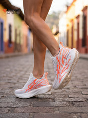 EDIXIM White Orange Abstract Print Women Road Running Sneakers Lightweight Breathable Mesh Thick Cushion Shock Absorbing Athletic Trainers for Latin Colonial Town Street Jogging Marathon Daily Workout