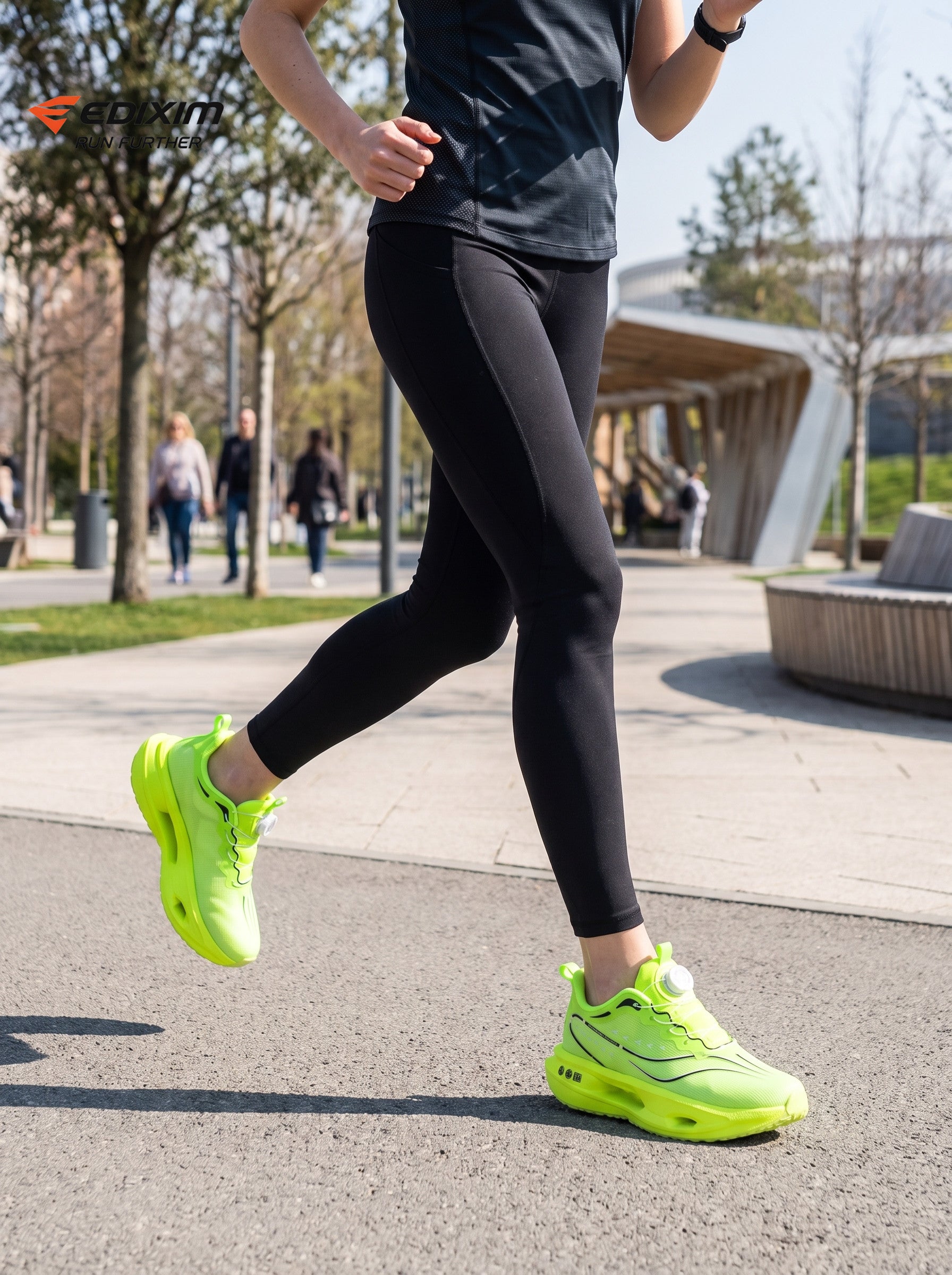 EDIXIM Full Fluorescent Neon Green BOA Twist Lock Women Running Sneakers Hollow Thick Cushion Shock Absorbing Athletic Trainers for Marathon Gym Jogging Yoga Daily Workout Run Further