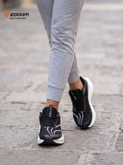 EDIXIM Black White Streamline Line Women Road Running Sneakers Ultra-Light Breathable Mesh Thick Shock Absorbing White Wedge Cushion Athletic Trainers for City Downtown Jogging Marathon Daily Workout