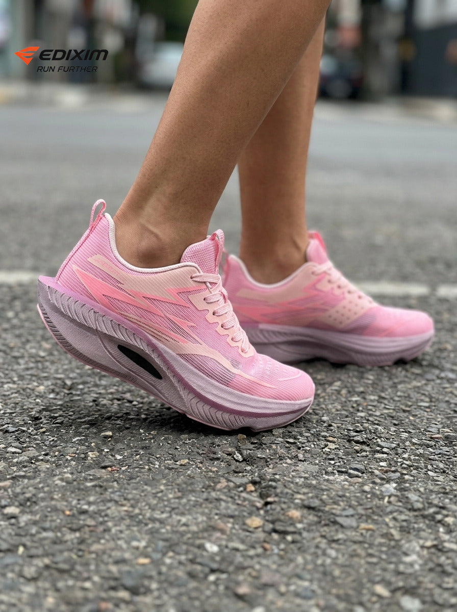 EDIXIM Light Pink Hollow Cutout Midsole Women Running Sneakers Breathable Perforated Mesh Shock Absorbing Athletic Trainers Urban Sidewalk Jogging Shoes