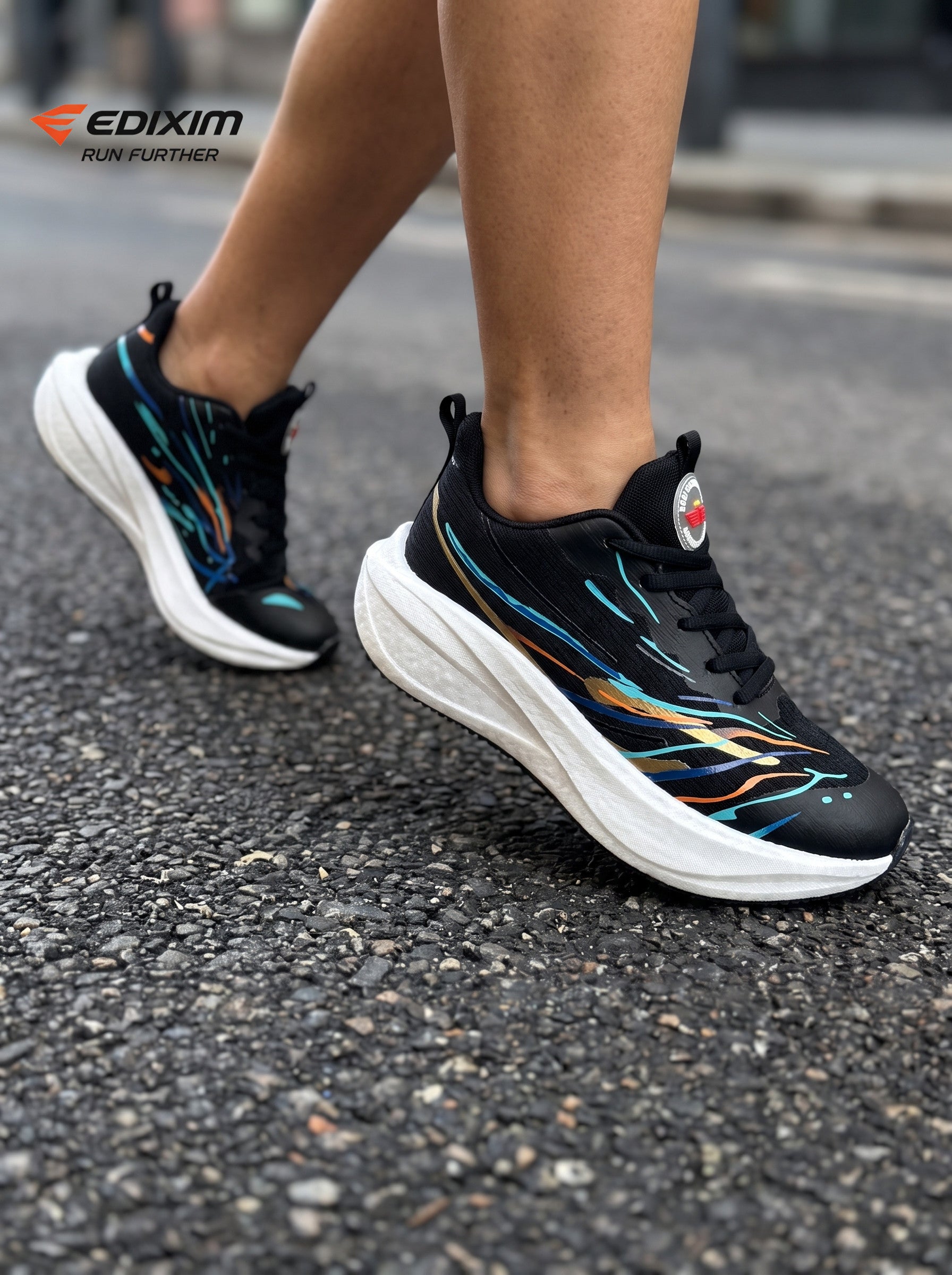 EDIXIM Black Multicolor Mesh Women Running Sneakers Thick Cushion Shock Absorbing Athletic Shoes Run Further