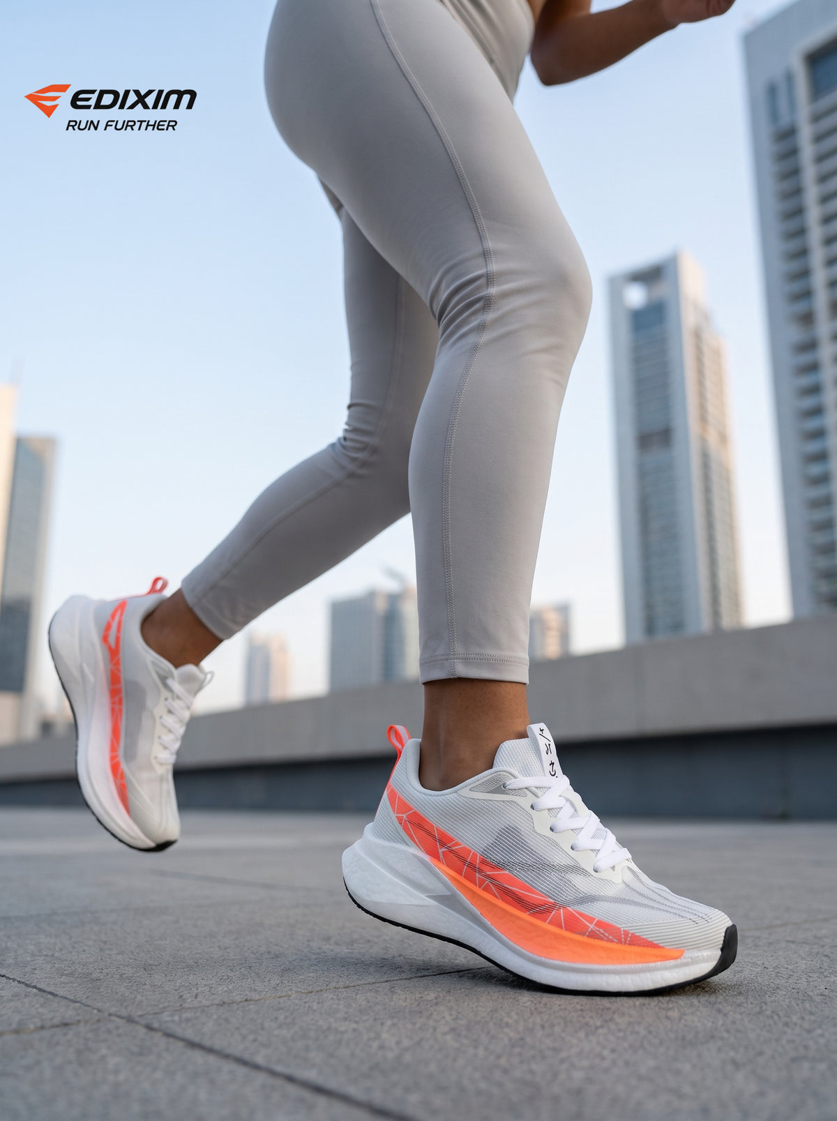 EDIXIM White Bright Orange Geometric Mesh Women Road Running Sneakers Ultra-Light Breathable Knit Thick White Wedge Shock Absorbing Cushion Athletic Trainers for Urban High-Rise Jogging Marathon Daily Fitness