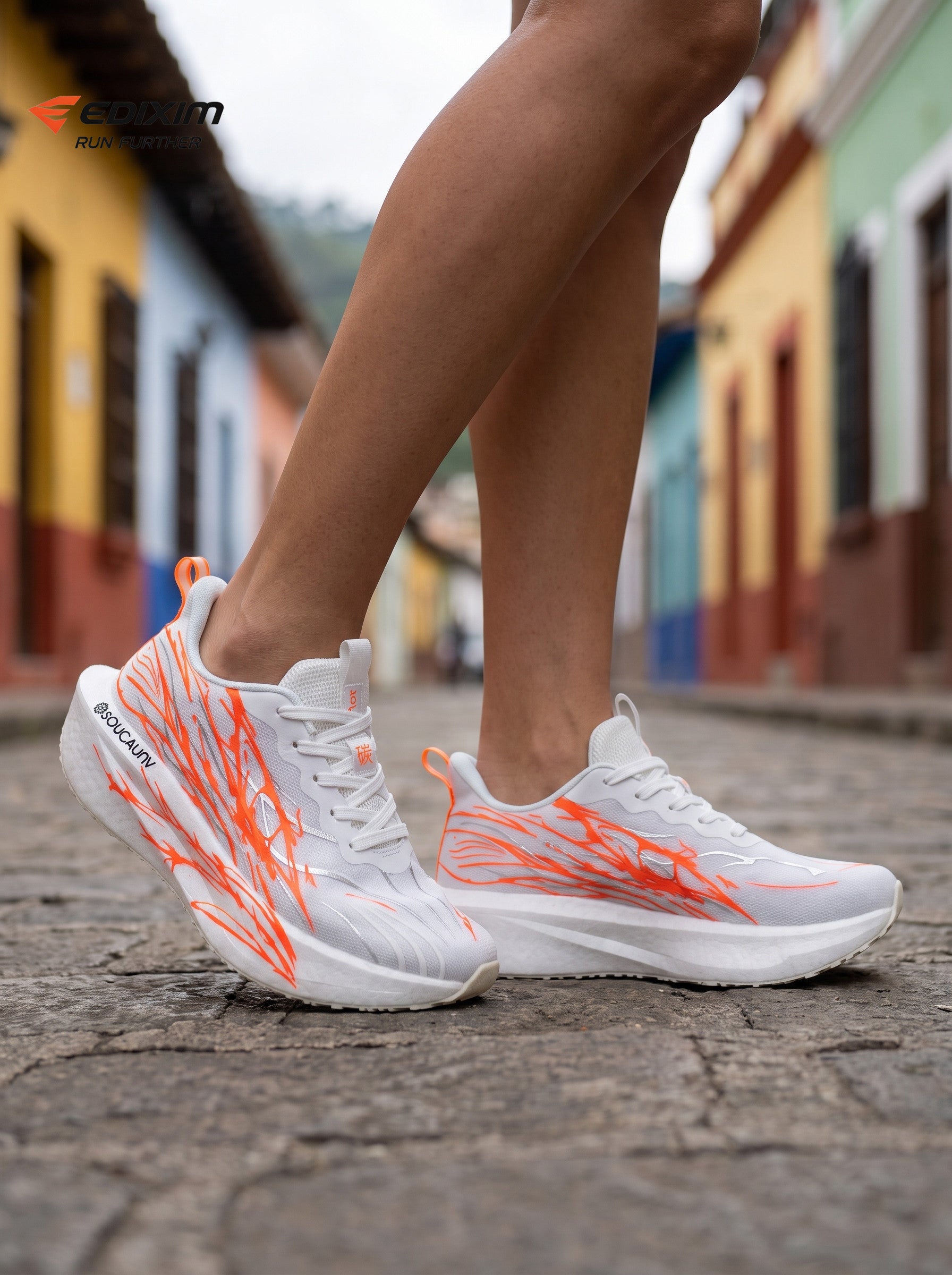 EDIXIM White Orange Abstract Print Women Road Running Sneakers Lightweight Breathable Mesh Thick Cushion Shock Absorbing Athletic Trainers for Latin Colonial Town Street Jogging Marathon Daily Workout