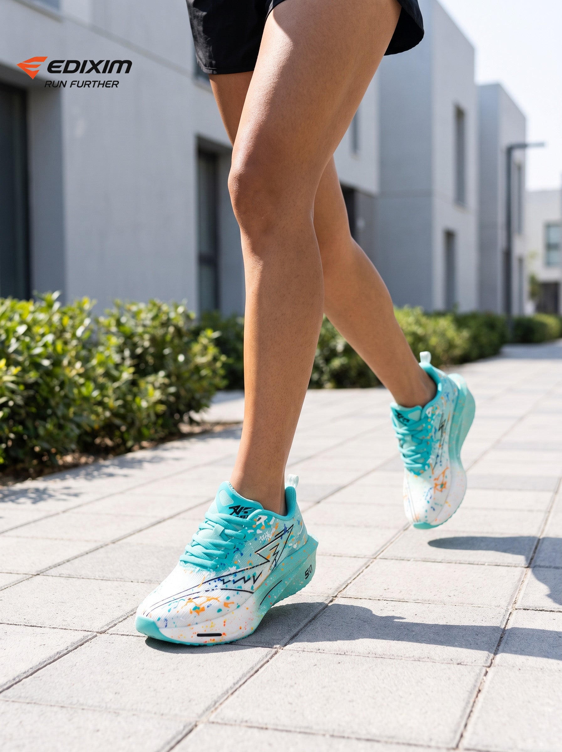 EDIXIM Cyan White Gradient Multicolor Paint Splatter Women Road Running Sneakers Ultra-Light Breathable Mesh 5.0 Shock Absorbing Wedge Cushion Athletic Trainers for City Urban Jogging Marathon Daily Workout