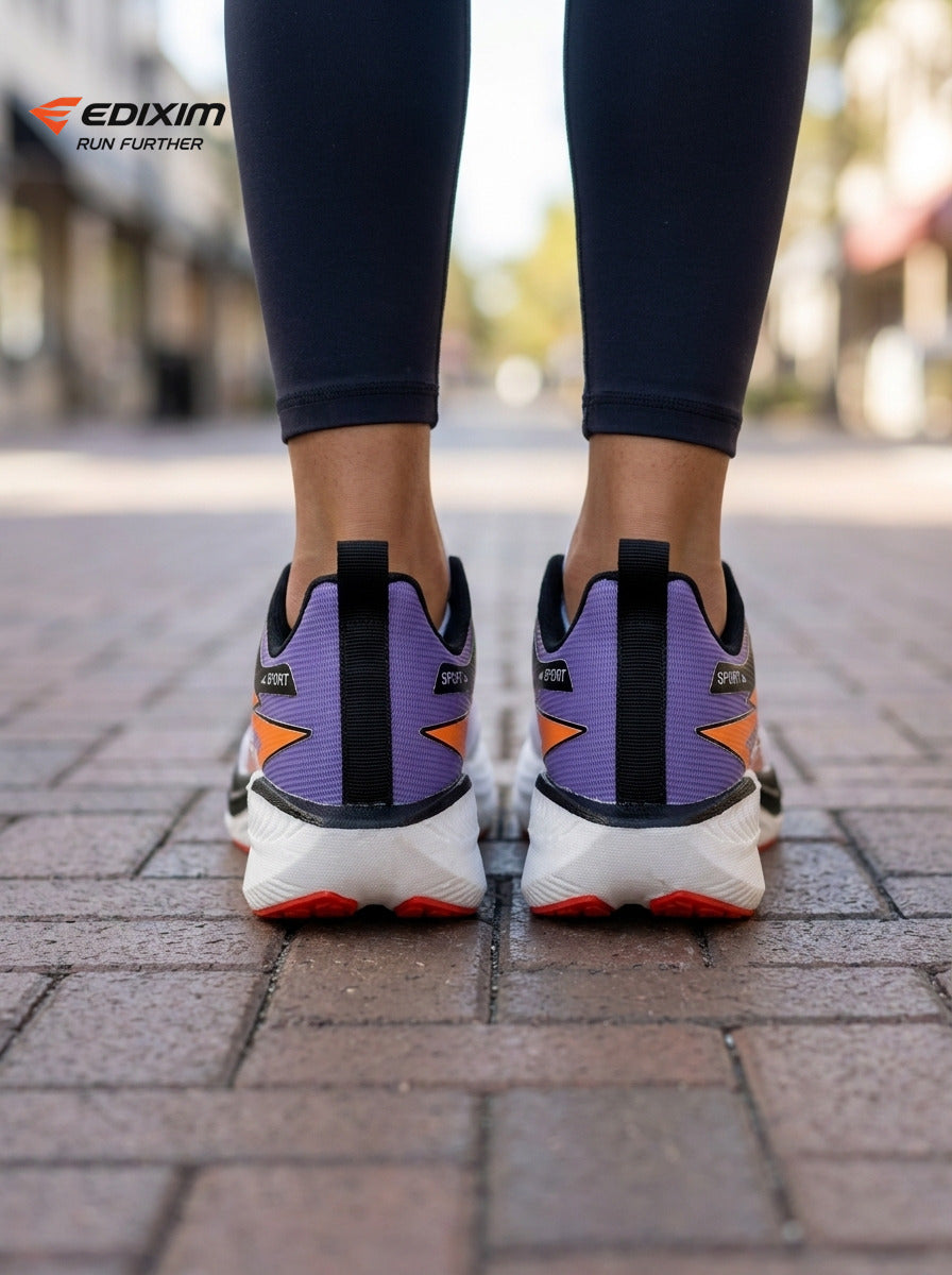 EDIXIM White Purple Orange Hollow Cutout Midsole Women Professional Running Sneakers Breathable Mesh Shock Absorbing Anti-Slip Road Jogging Athletic Trainers