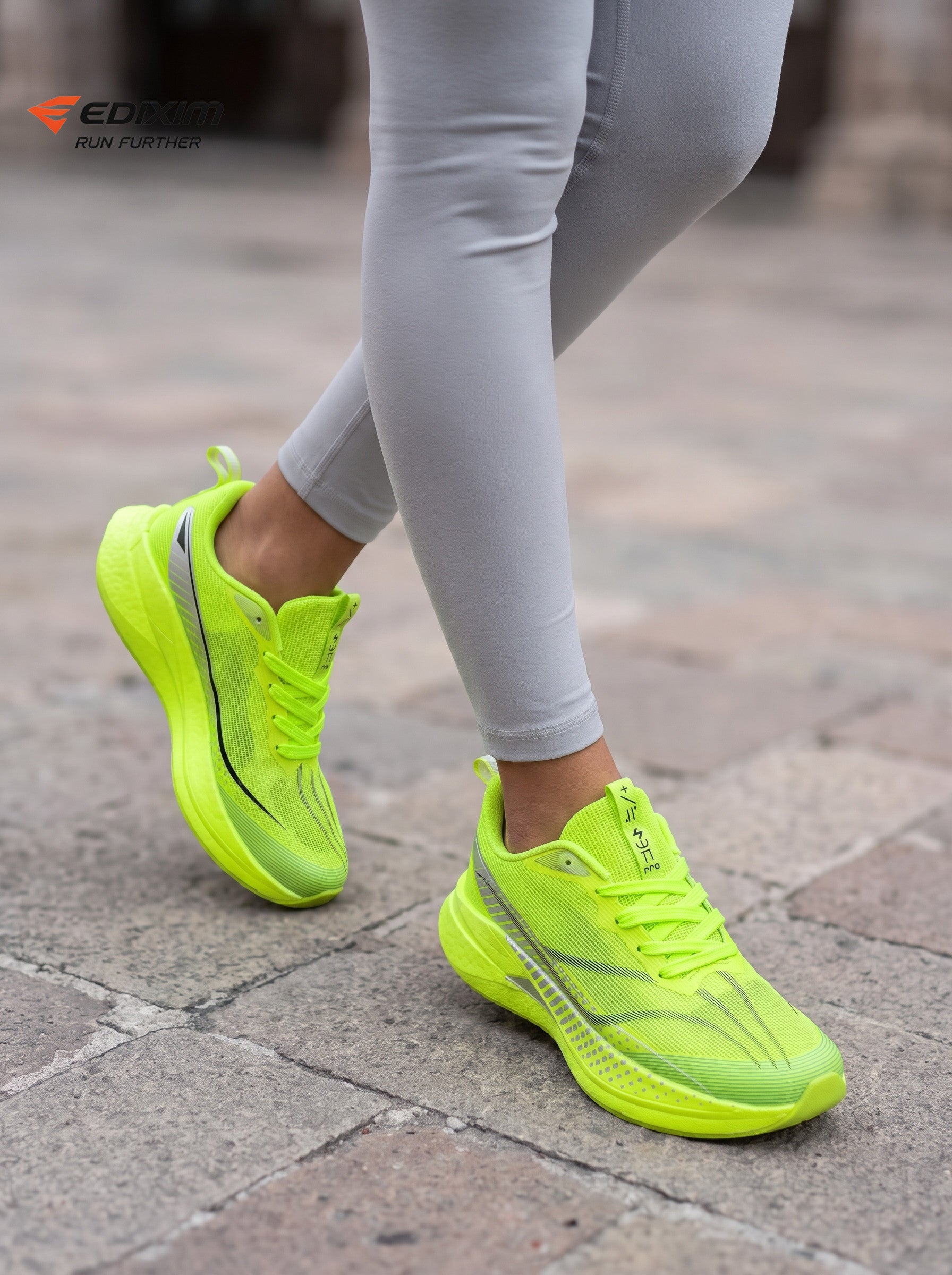 EDIXIM Fluorescent Neon Green Mesh Women Road Running Sneakers Ultra-Light Breathable Knit Full Shock Absorbing Wedge Midsole Anti-Slip Athletic Trainers for City Skyscraper Jogging Marathon Racing Daily Workout