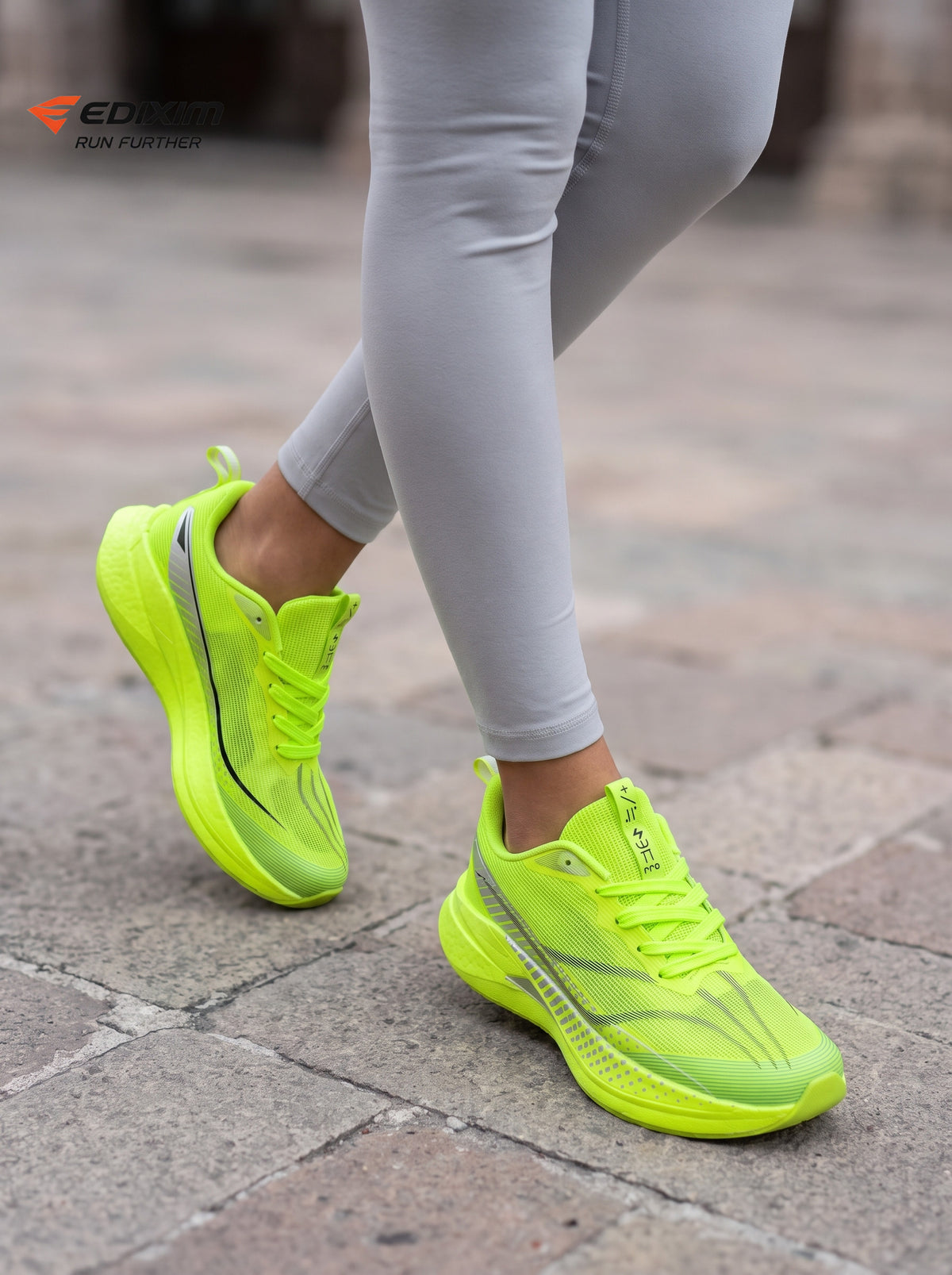 EDIXIM Fluorescent Neon Green Mesh Women Road Running Sneakers Ultra-Light Breathable Knit Full Shock Absorbing Wedge Midsole Anti-Slip Athletic Trainers for City Skyscraper Jogging Marathon Racing Daily Workout