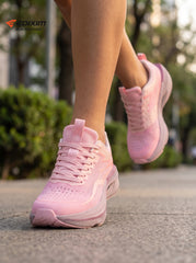 EDIXIM Light Pink Hollow Cutout Midsole Women Running Sneakers Breathable Perforated Mesh Shock Absorbing Athletic Trainers Urban Sidewalk Jogging Shoes