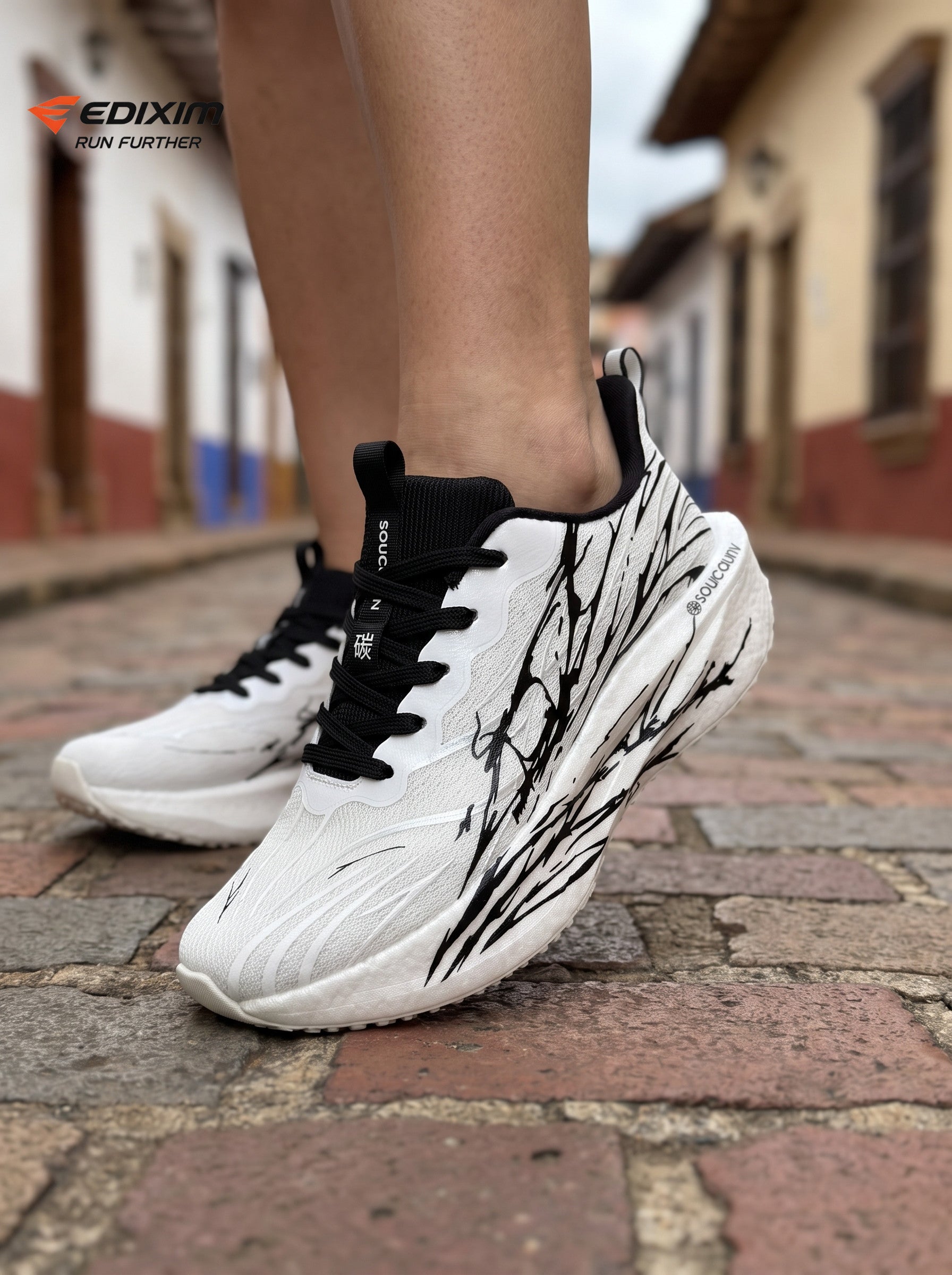 EDIXIM White Black Abstract Ink Print Women Road Running Sneakers Ultra-Light Breathable Mesh Thick Shock Absorbing Cushion Athletic Trainers for Latin Colonial Town Jogging Marathon Daily Workout