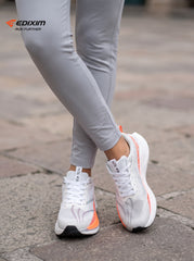 EDIXIM White Bright Orange Geometric Mesh Women Road Running Sneakers Ultra-Light Breathable Knit Thick White Wedge Shock Absorbing Cushion Athletic Trainers for Urban High-Rise Jogging Marathon Daily Fitness