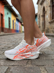 EDIXIM White Orange Abstract Print Women Road Running Sneakers Lightweight Breathable Mesh Thick Cushion Shock Absorbing Athletic Trainers for Latin Colonial Town Street Jogging Marathon Daily Workout