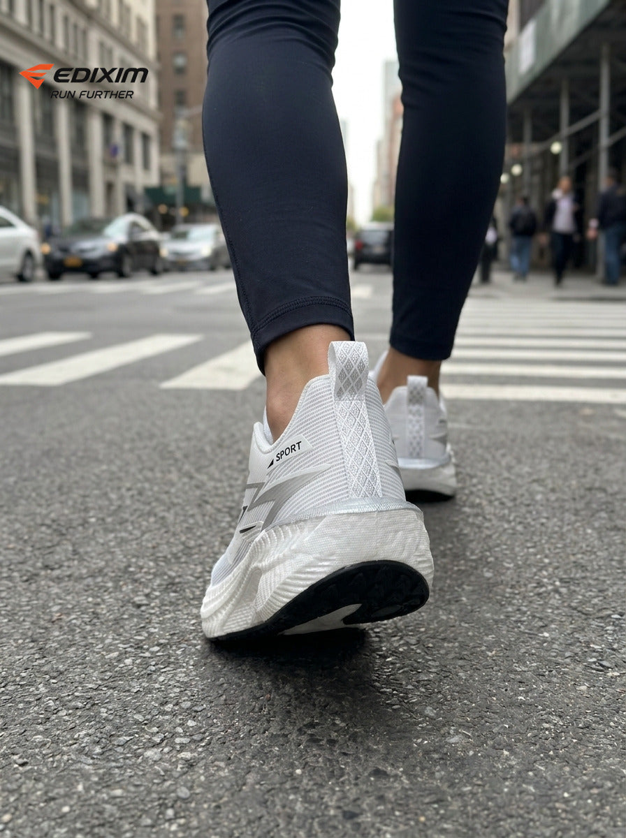 EDIXIM All White Hollow Cutout Midsole Women Running Sneakers Breathable Light Mesh Shock Absorbing Athletic Trainers Road Jogging Daily Fitness Shoes
