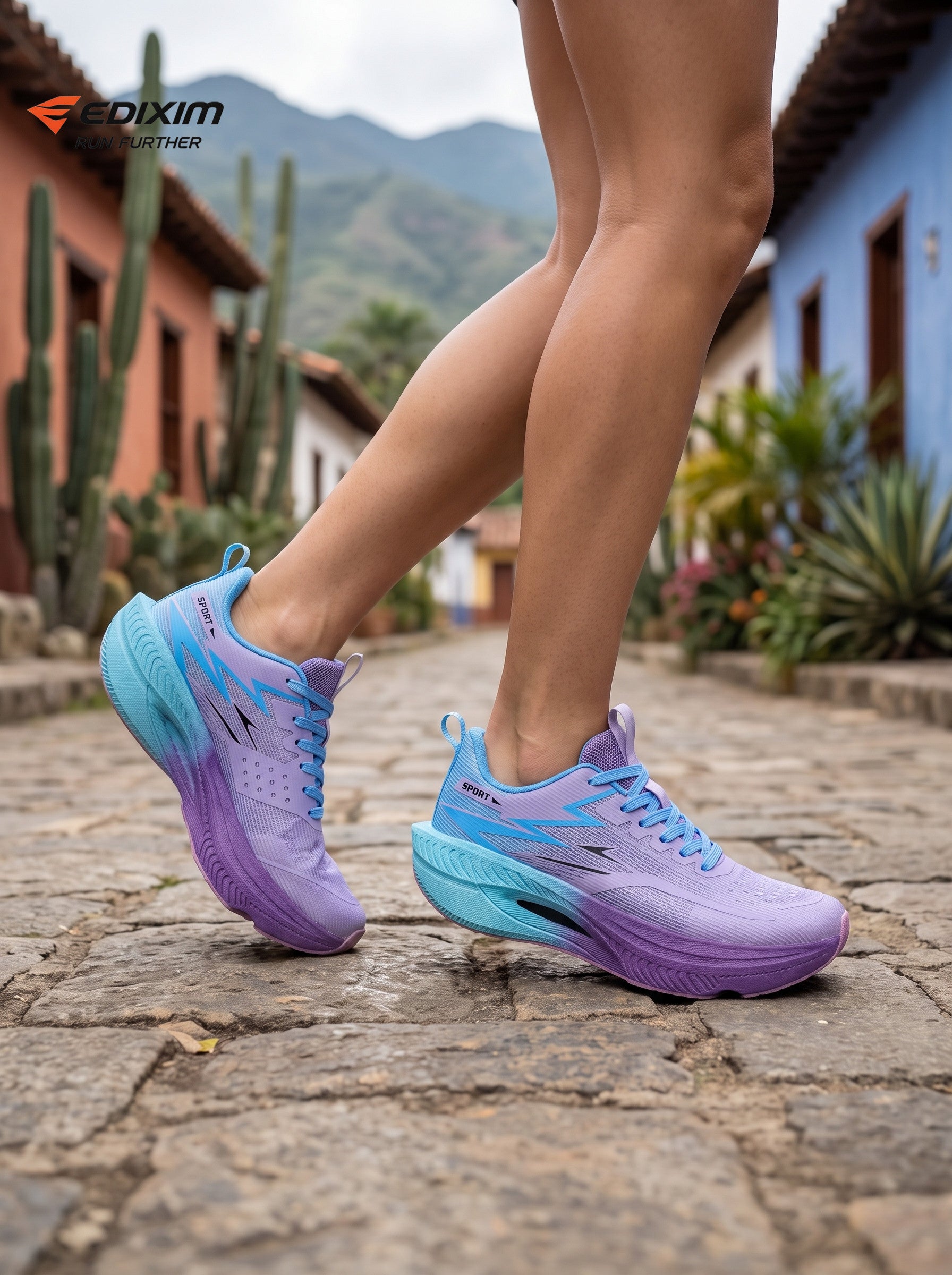 EDIXIM Blue Purple Gradient Hollow Cutout Midsole Women Professional Running Sneakers Breathable Mesh Shock Absorbing Athletic Trainers Latin Cobblestone Street Jogging Shoes