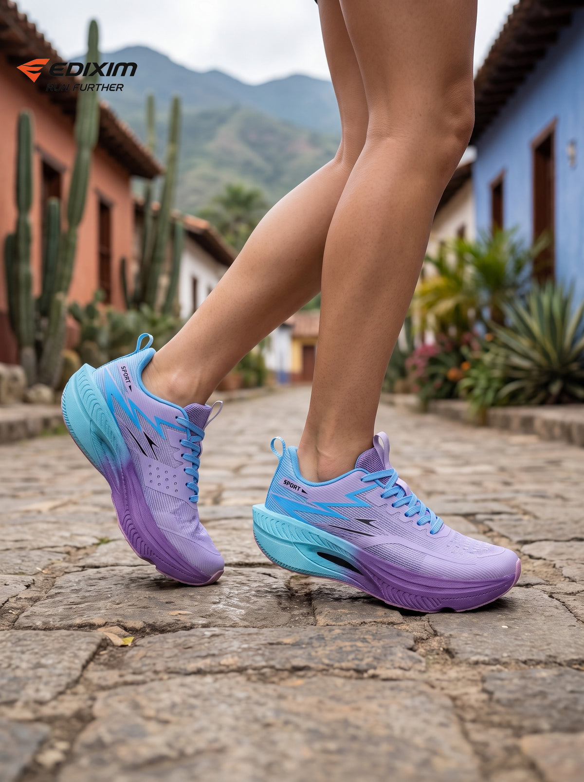 EDIXIM Blue Purple Gradient Hollow Cutout Midsole Women Professional Running Sneakers Breathable Mesh Shock Absorbing Athletic Trainers Latin Cobblestone Street Jogging Shoes