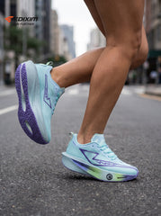 EDIXIM  Light Cyan Purple Gradient Women Running Sneakers Hollow Thick Cushion Breathable Mesh Shock Absorbing Athletic Trainers for City Road Jogging Marathon Daily Workout