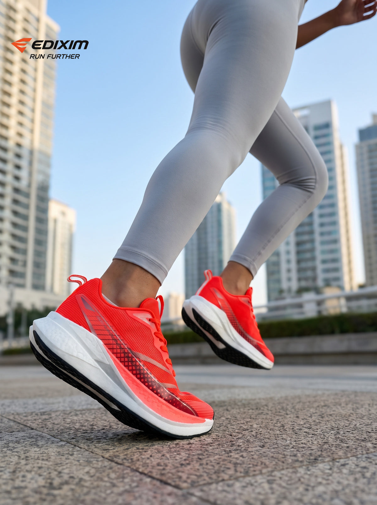 EDIXIM Bright Red Gradient Mesh Women Road Running Sneakers Ultra-Light Breathable Knit Thick White Wedge Shock Absorbing Cushion Athletic Trainers for City High-Rise Jogging Marathon Daily Fitness