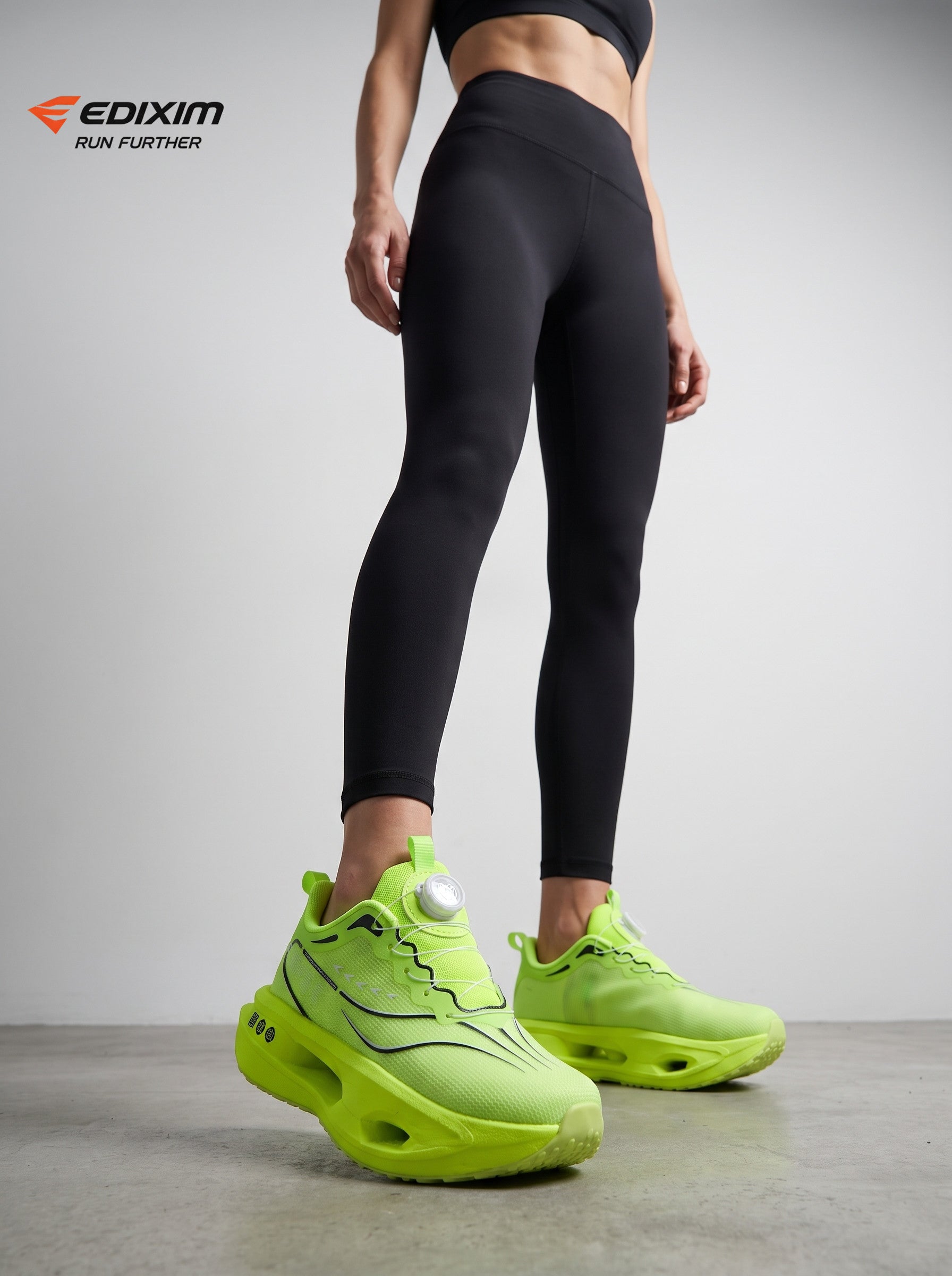 EDIXIM Full Fluorescent Neon Green BOA Twist Lock Women Running Sneakers Hollow Thick Cushion Shock Absorbing Athletic Trainers for Marathon Gym Jogging Yoga Daily Workout Run Further