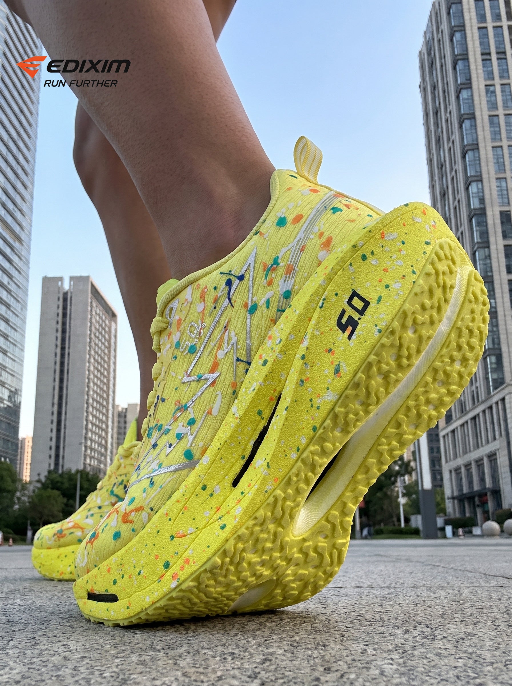 EDIXIM Bright Yellow Multicolor Paint Splash Women Road Running Sneakers Ultra-Light Breathable Mesh 5.0 Thick Shock Absorbing Wedge Cushion Athletic Trainers for City Street Jogging Marathon Daily Workout