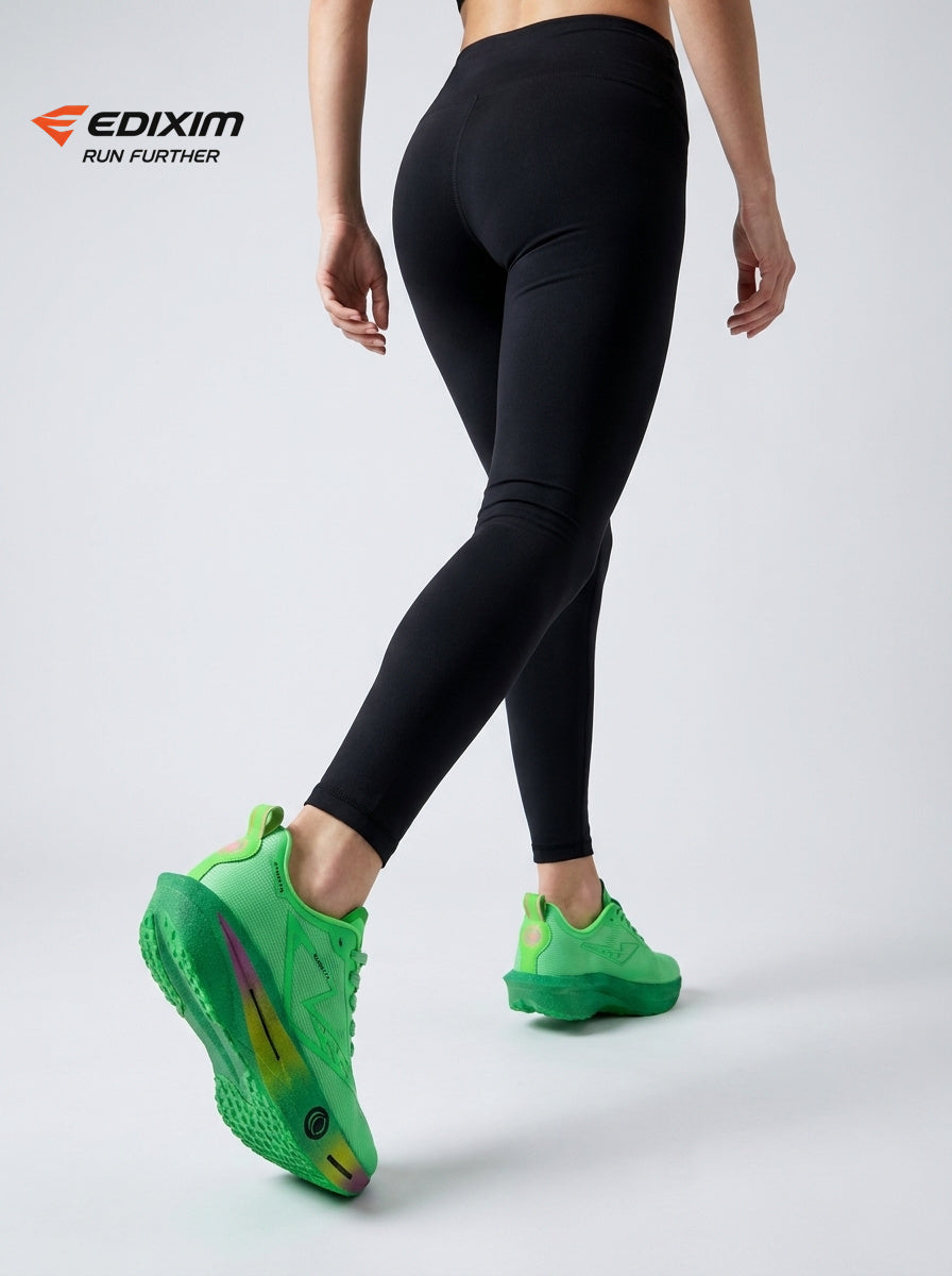 EDIXIM Full Fluorescent Green BOA Twist Lock Women Running Sneakers Hollow Thick Cushion Shock Absorbing Athletic Trainers for Marathon Night Jogging Gym Yoga Daily Workout Run Further