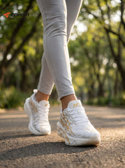 EDIXIM White Gold Adventurer Women Road Running Sneakers Ultra-Light Striped Breathable Mesh Thick Integrated Cushion Anti-Slip Athletic Trainers for Forest Park Trail Jogging Daily Outdoor Workout