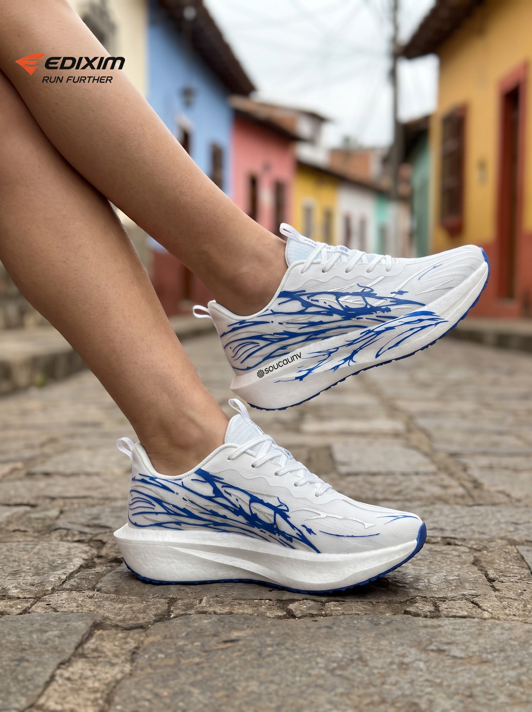 EDIXIM White Blue Abstract Splash Women Road Running Sneakers Ultra-Light Breathable Mesh Thick Shock Absorbing Cushion Athletic Trainers for Latin Colonial Town Street Jogging Marathon Daily Workout