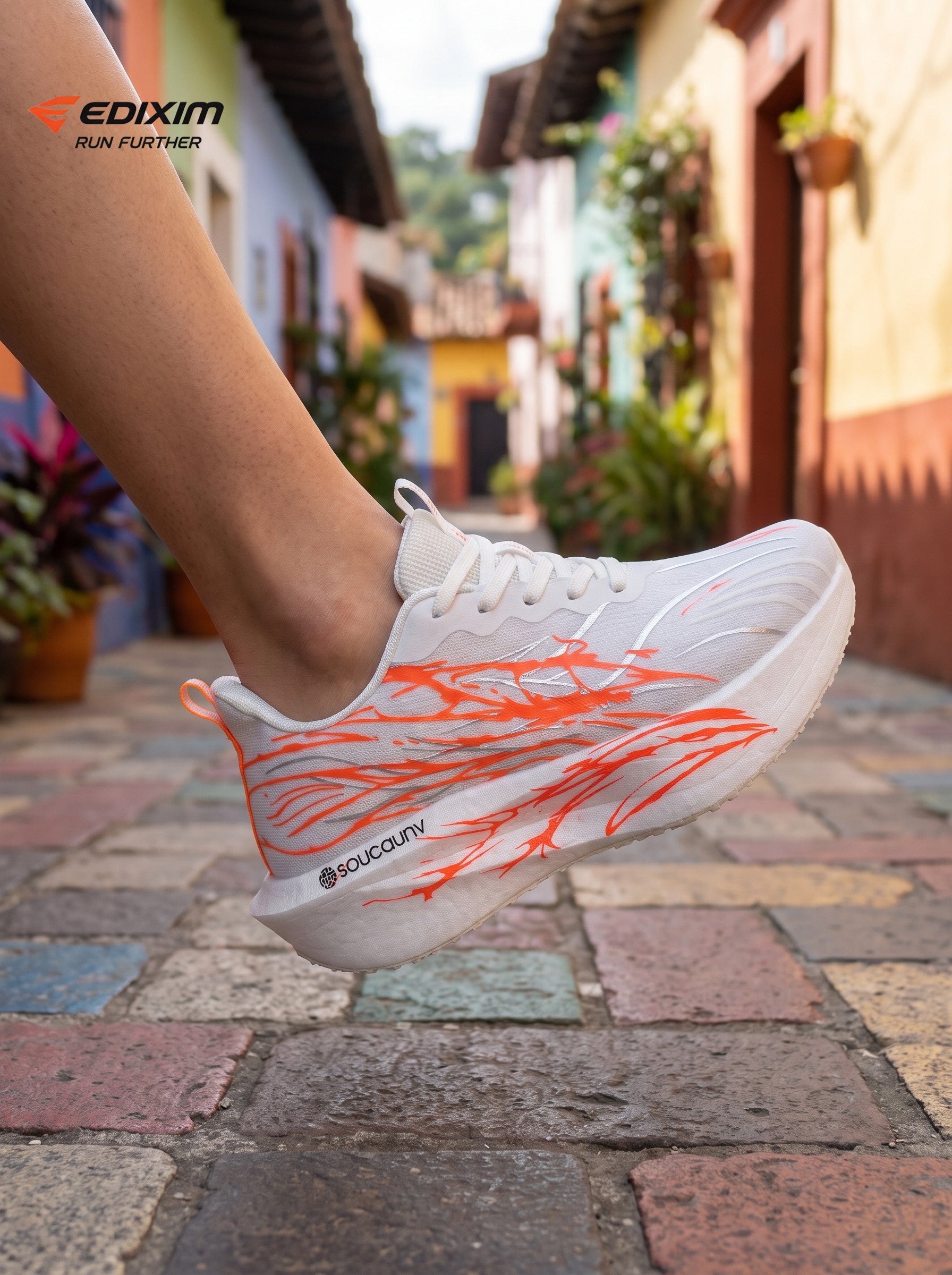 EDIXIM White Orange Abstract Print Women Road Running Sneakers Lightweight Breathable Mesh Thick Cushion Shock Absorbing Athletic Trainers for Latin Colonial Town Street Jogging Marathon Daily Workout