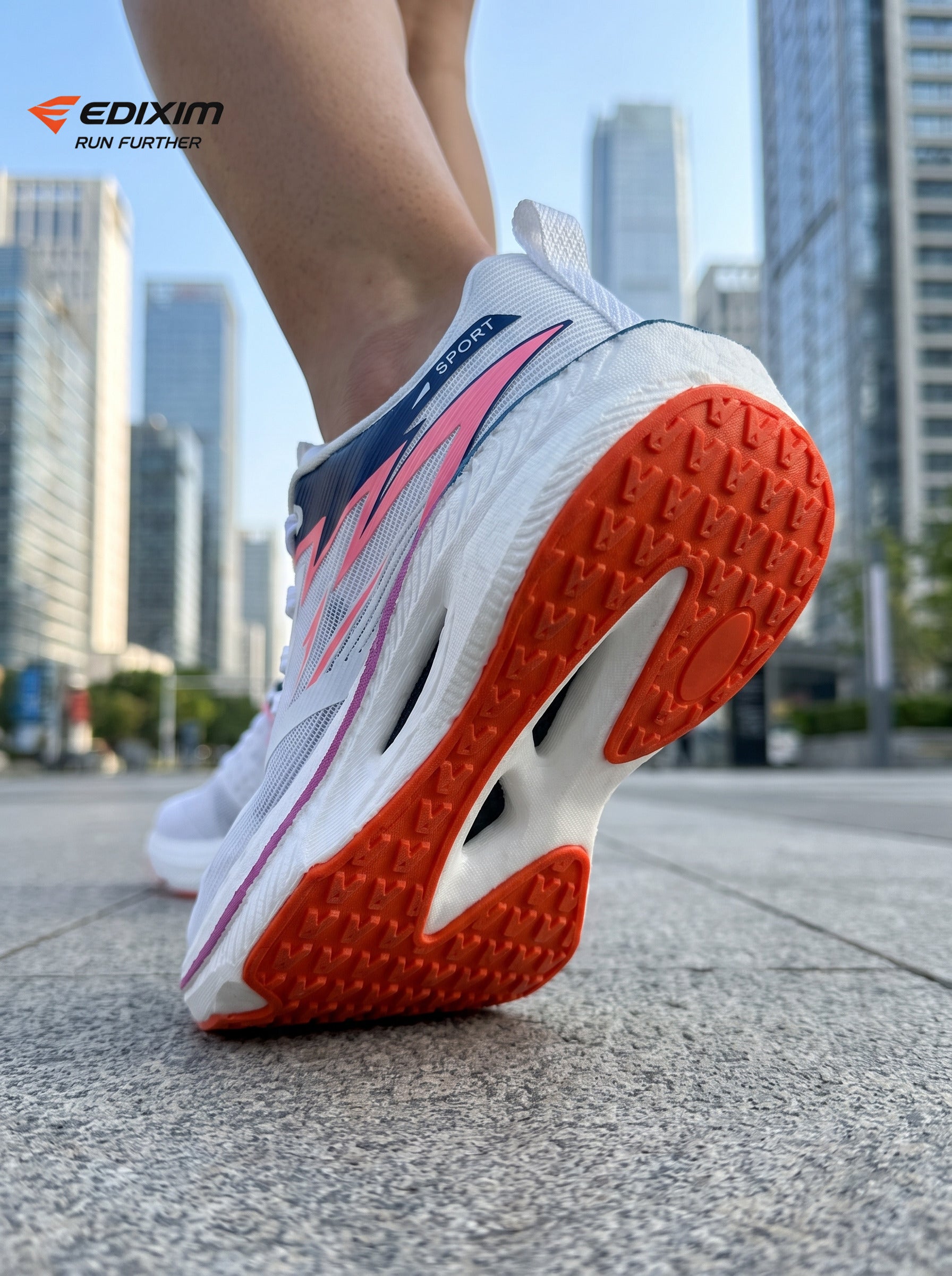 EDIXIM White Pink Hollow Midsole Women Professional Running Sneakers Breathable Mesh Shock Absorbing Orange Anti-Slip Outsole Athletic Trainers Urban Skyscraper Jogging Shoes