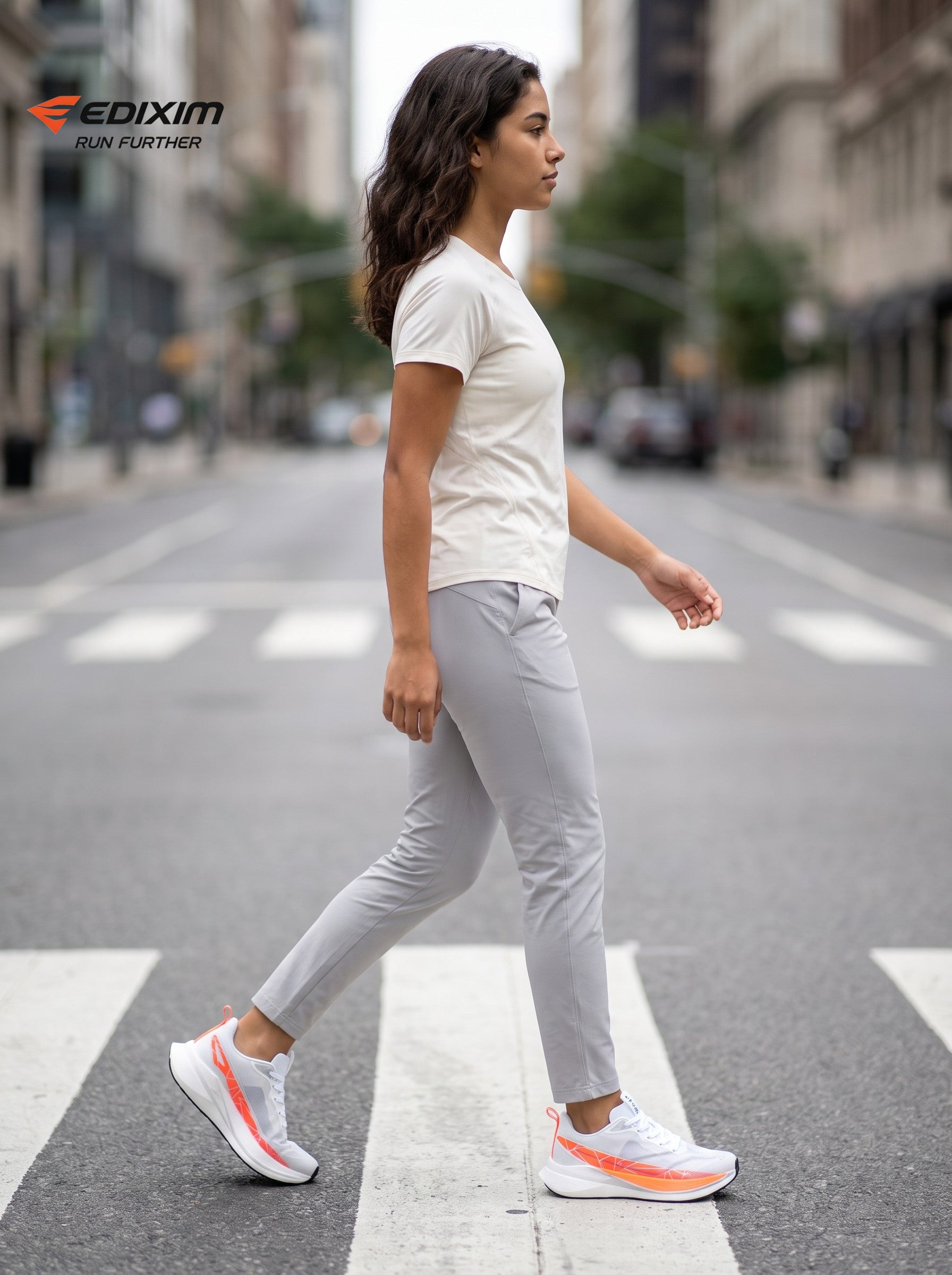 EDIXIM White Bright Orange Geometric Mesh Women Road Running Sneakers Ultra-Light Breathable Knit Thick White Wedge Shock Absorbing Cushion Athletic Trainers for Urban High-Rise Jogging Marathon Daily Fitness
