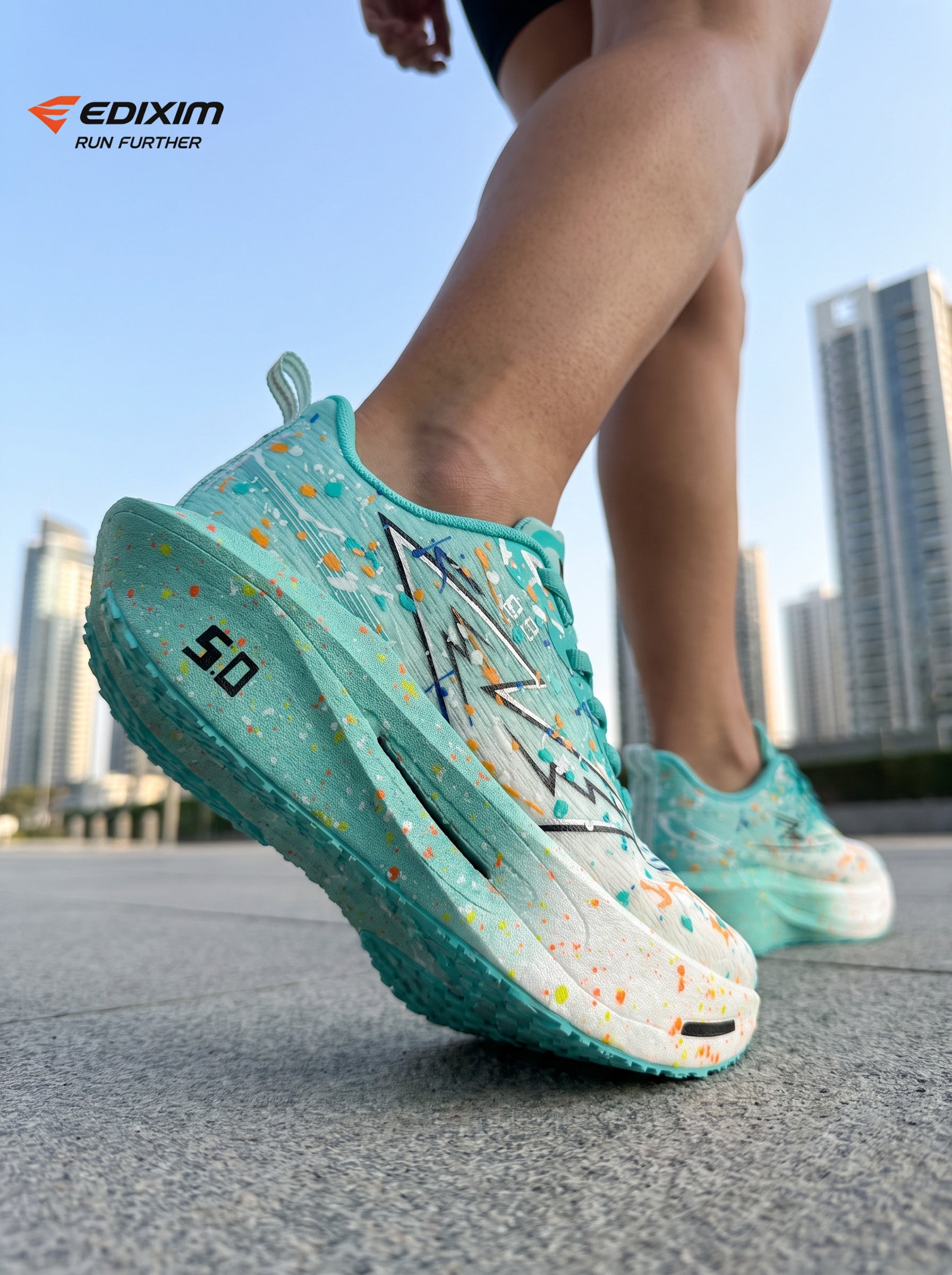 EDIXIM Cyan White Gradient Multicolor Paint Splatter Women Road Running Sneakers Ultra-Light Breathable Mesh 5.0 Shock Absorbing Wedge Cushion Athletic Trainers for City Urban Jogging Marathon Daily Workout