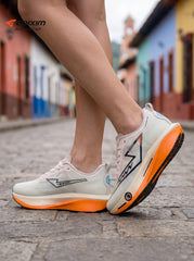 EDIXIM CHONTA Cream Orange Women Road Running Sneakers Hollow Thick Cushion Breathable Mesh Shock Absorbing Athletic Trainers for Latin Colonial Town Street Jogging Marathon Daily Workout
